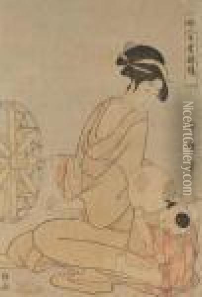 Une Jeune Femme Assise Tourne 
Une Roue En Bois En Regardant Son Fi Ls Qui Lui Montre Un Uchiwa Oil Painting - Kitagawa Utamaro
