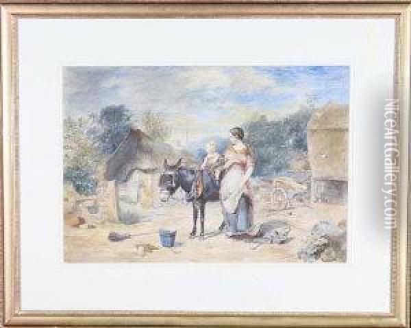 Farmyard Scene With A Child Riding A Donkey Watched By His Mother Oil Painting - Thomas Sutcliffe
