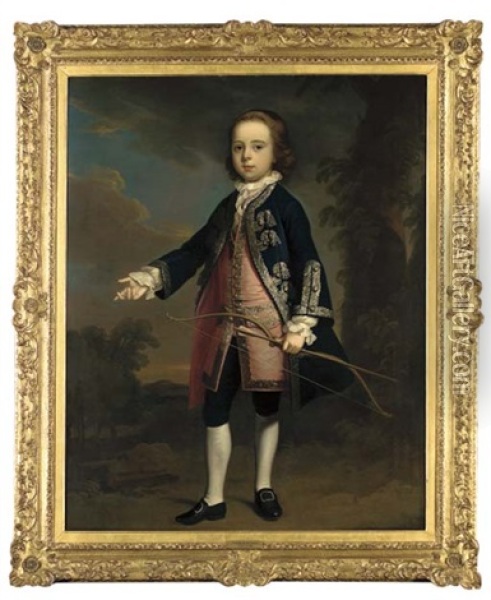 Portrait Of Henry Aston In A Blue Coat And Pink Waistcoat, Holding A Bow And Arrow, In A Landscape Oil Painting - Thomas Hudson