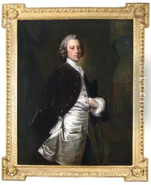 Portrait Of Gentleman Thought To Be George Vernon, Three Quarter Length, Standing Oil Painting - Thomas Hudson