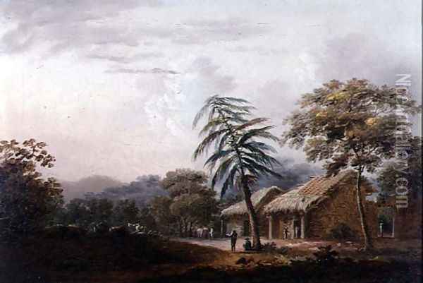 Figures Beneath a Leaning Palm Before a Village Oil Painting - George Chinnery