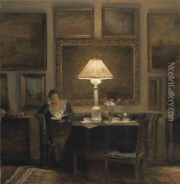 A Lady Reading By Lamplight Oil Painting - Carl Vilhelm Holsoe