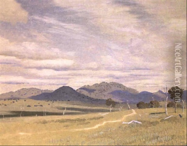Distant Mountains, Hills Near Canberra Oil Painting - Elioth Gruner