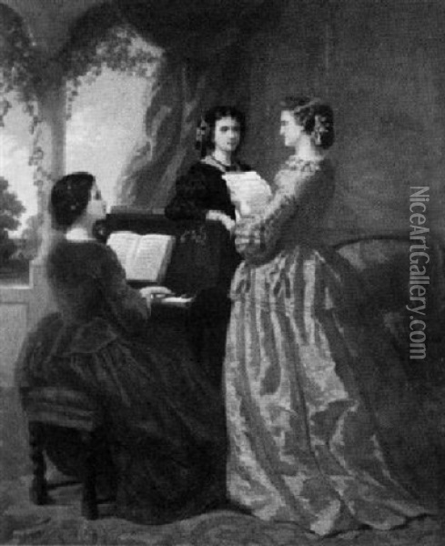 Drei Junge Dame Singen Und Musizieren In Einem Vornehmen Salon, Der Zur Terasse Hin Geoffnet Ist Oil Painting - Louis Joseph Taymans