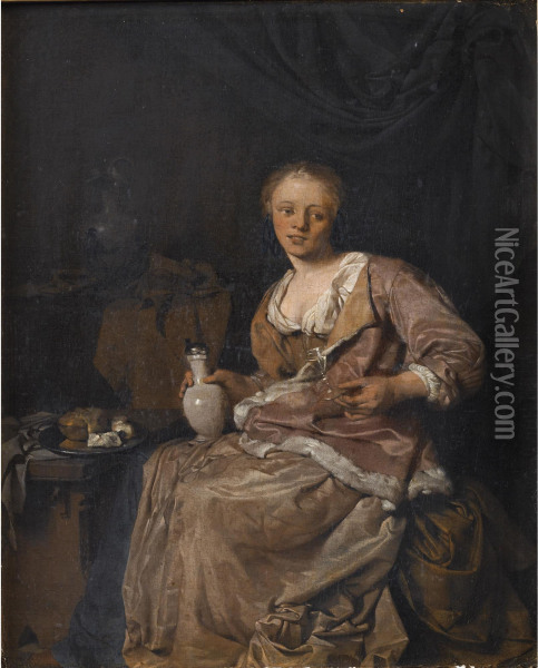 Jeune Femme Dans Un Interieur Tenant Un Verre Oil Painting - Cornelis (Pietersz.) Bega