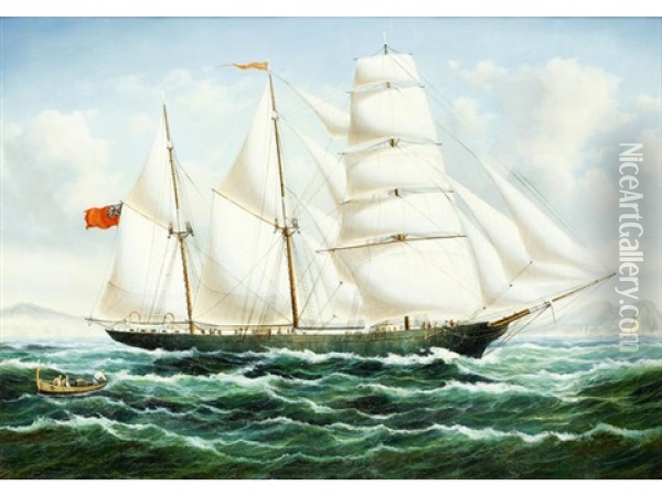 Three-masted Sailing Vessel Off The Coast Oil Painting - John Williamson