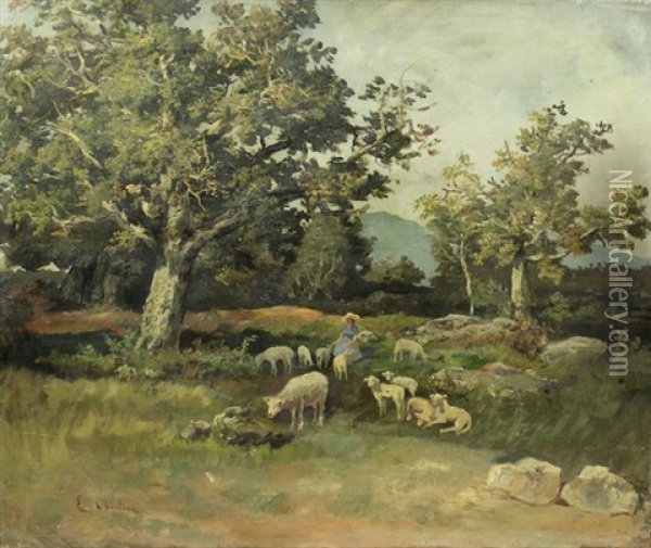 Bergere Et Son Troupeau Dans Un Paysage Montagneux Oil Painting - Luigi Chialiva