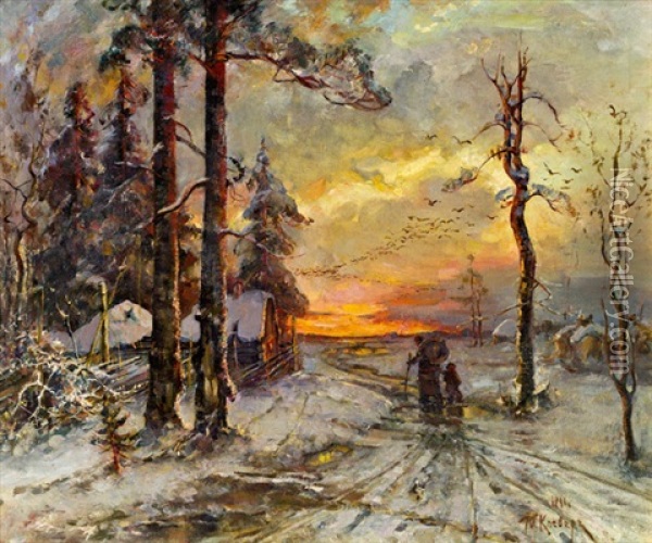 Sonnenuntergang In Winterlandschaft Oil Painting - Yuliy Yulevich (Julius) Klever