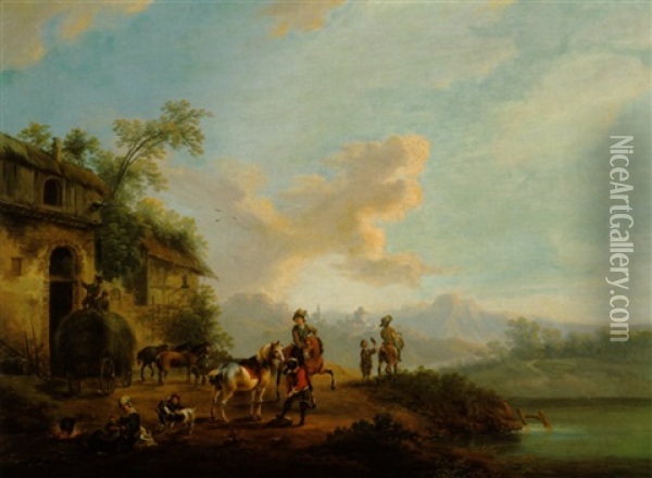 Jagdgesellschaft In Einer Flusslandschaft Oil Painting - Johann Georg Pforr
