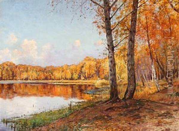 Autumn Day At A Forest Lake Oil Painting - Frederik Julius August Winther