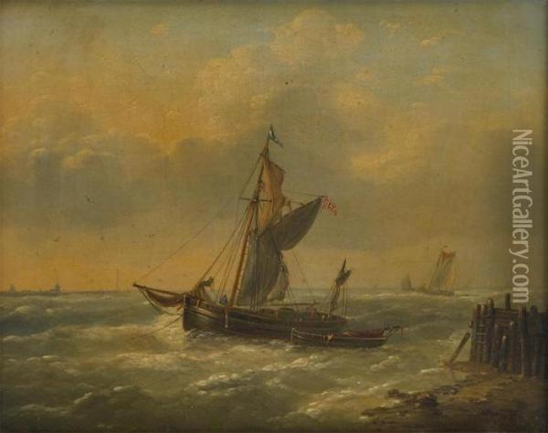 Barque De Peche Sur Fond De Ville Portuaire Oil Painting - Louis Verboeckhoven
