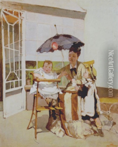 Moeder Met Twee Kinder Oil Painting - Jean Andre Alfred Cluysenaar