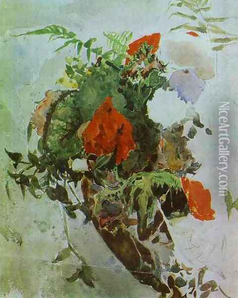 Red Flowers and Leaves of Begonia in a Basket. 1886-89 Oil Painting - Mikhail Aleksandrovich Vrubel