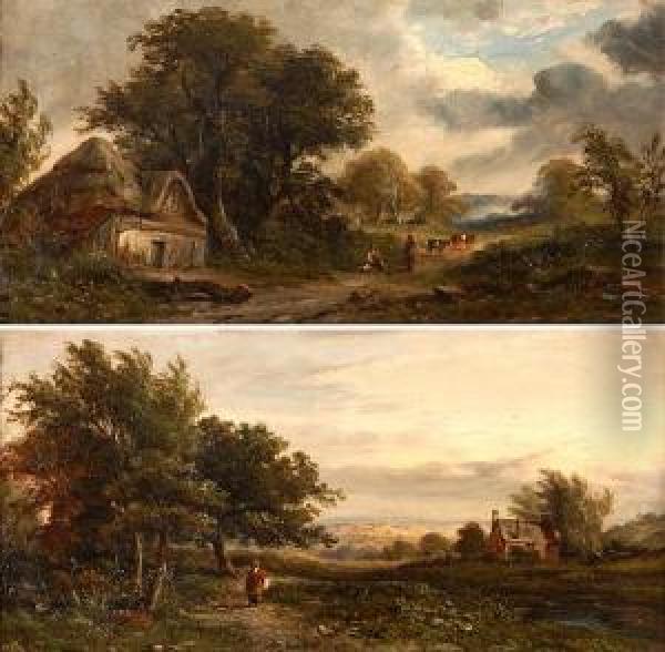 Figures And Cattle On A Path In An Extensive Landscape Oil Painting - J. Westall