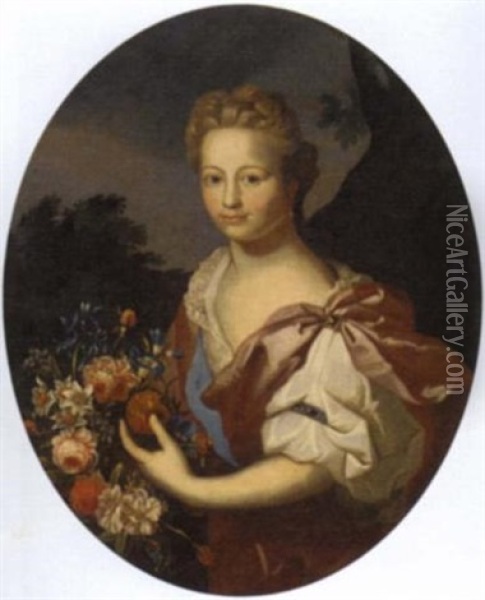 Portrait Of A Lady In A Burgundy Dress, Holding Flowers, In A Landscape Oil Painting - Frans Van Der Myn