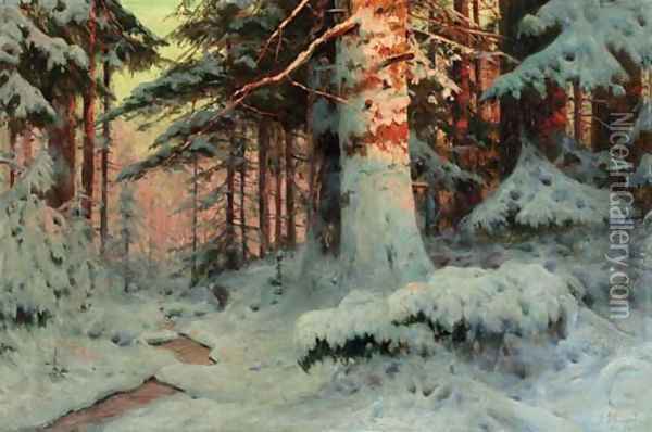 Winter Sunlight in the evergreen Forest Oil Painting - Andrei Nikolaevich Shilder