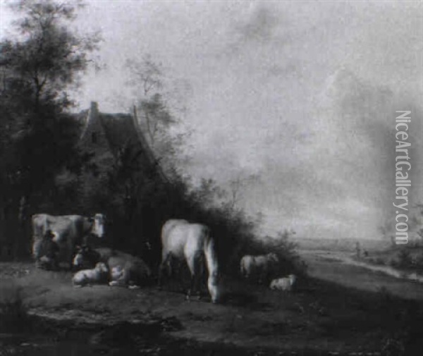 Hollandische Landschaft Mit Bauernhaus Und Vieh Oil Painting - Dirck Oosterhout