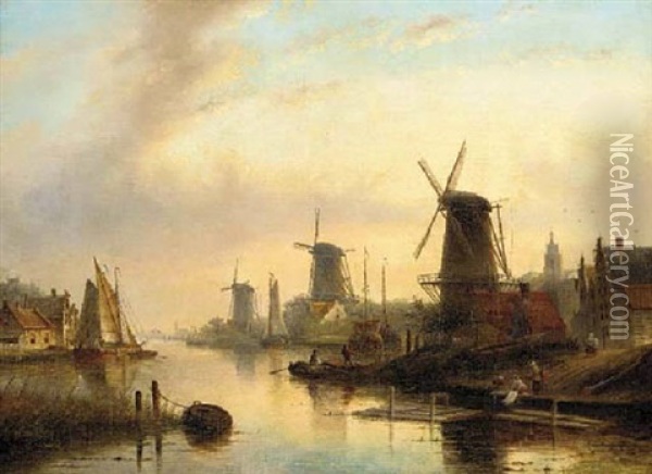 A Dutch Estuary Scene Oil Painting - Hendrik Barend Koekkoek