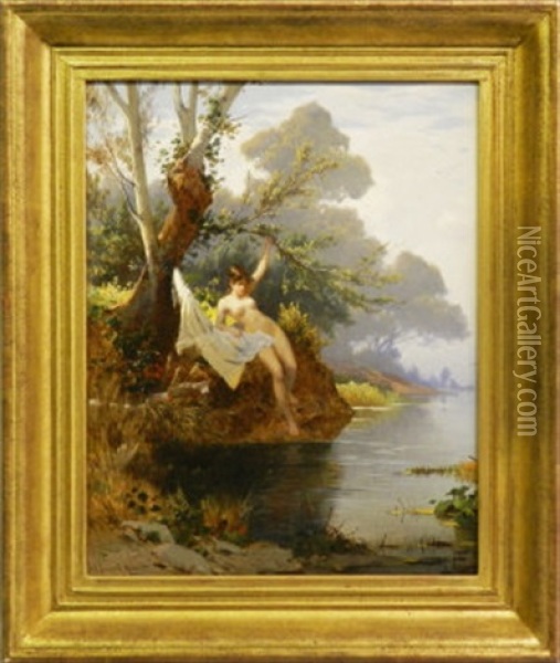 Female Nude On A Riverbank Oil Painting - Hermann David Salomon Corrodi