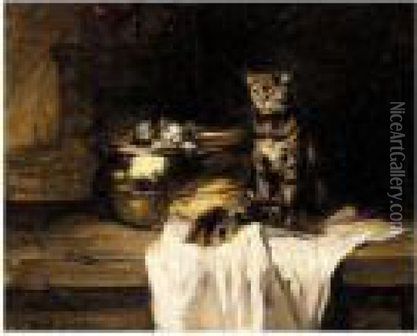 Mother And Kittens In A Pot Oil Painting - Joseph Bail