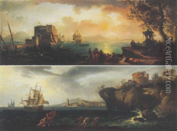 Le Port De Naples Avec Un Groupe De Paysans Et Des Promeneurs Sur Les Quais Oil Painting - Adrien Manglard