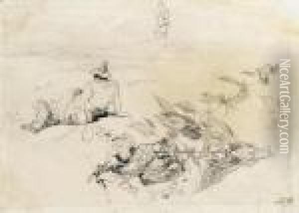 Study Of Figures And Foliage At Frascati Oil Painting - Edward Lear