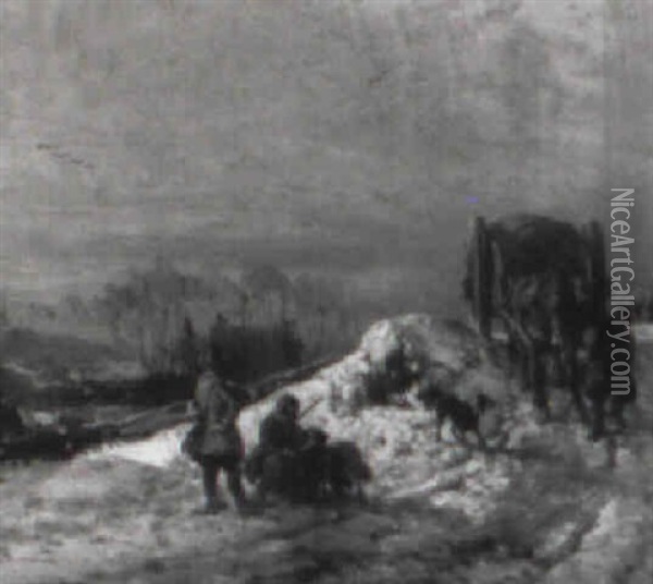 Jagers En Een Paard-en-wagen In Een Besneeuwd Landschap Oil Painting - Joseph Jodocus Moerenhout