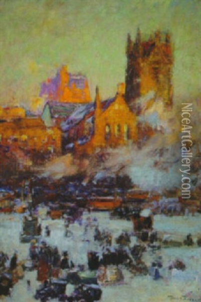 A City In Winter, With Gothic Spire And Churches Oil Painting - Lewis E. Herzog