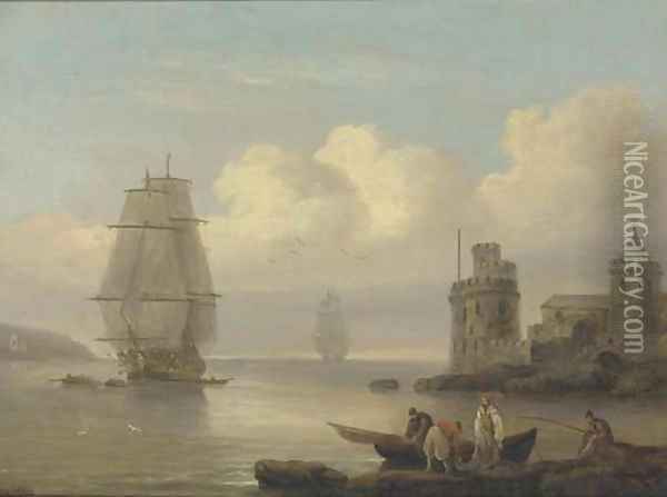 A frigate under tow at the entrance to Dartmouth Harbour Oil Painting - Thomas Luny