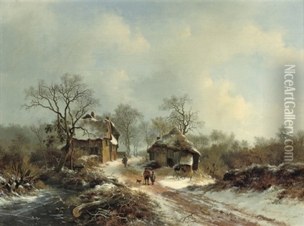 Villagers On A Snow-covered Path Oil Painting - Frederik Marinus Kruseman