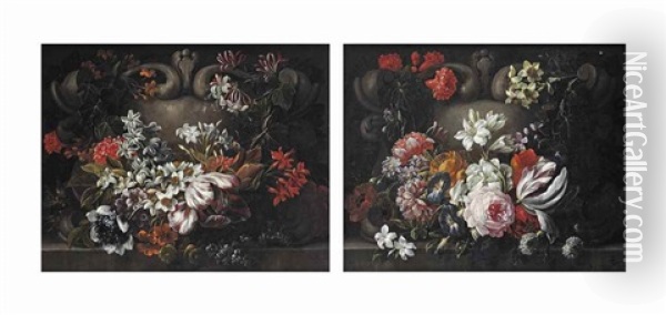 A Tulip, Jasmine, Chrysanthemums, Narcissi, Ivy And Various Other Flowers Decorating A Feigned Stone Cartouche; And Roses, Morning Glory, Jasmine, Narcissi, Poppies, A Tulip, Ivy And Various Other Flowers Decorating A Feigned Stone Cartouche Oil Painting - Gaspar Pieter Verbruggen the Younger