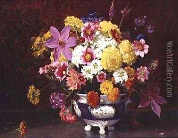 Still Life with Lilacs and Chrysanthemums Oil Painting - Arthur Herbert Buckland