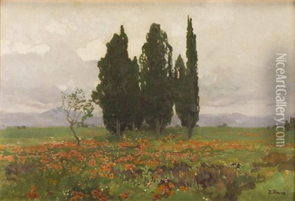 Italian Landscape With Cypresses Oil Painting - Ivan Trusz