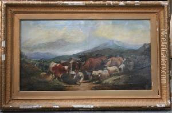 Highland View With Figures Herding And Driving Cattle And Sheep Along A Path Oil Painting - Henry Charles Woollett