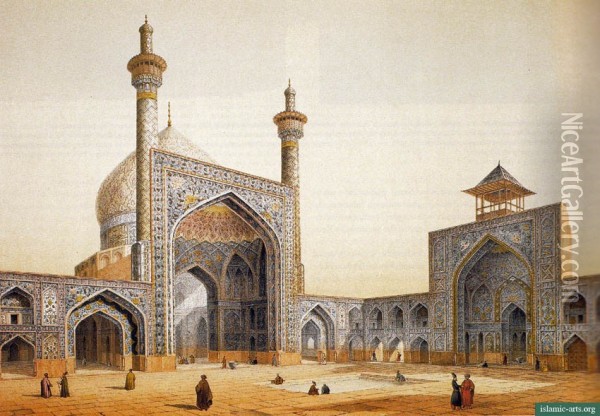 View of the Courtyard of the Mesdjid-i-Shah, Isfahan 1856 Oil Painting - Pascal Xavier Coste