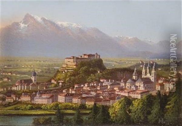 Ansicht Von Salzburg Mit Festung Oil Painting - Hubert Sattler