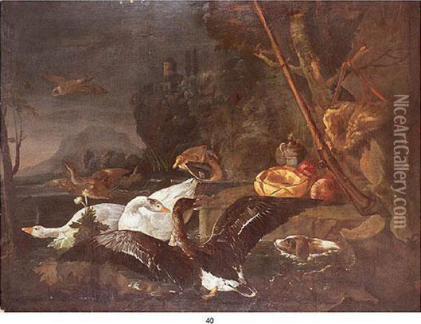 spaniel Breton Persiguiendo A Tres Gansos Oil Painting - David de Coninck