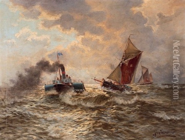 Dampfer Und Fischerboote In Durchbrechendem Sonnenschein Oil Painting - Johan Diedrich (Jean) Hendriks