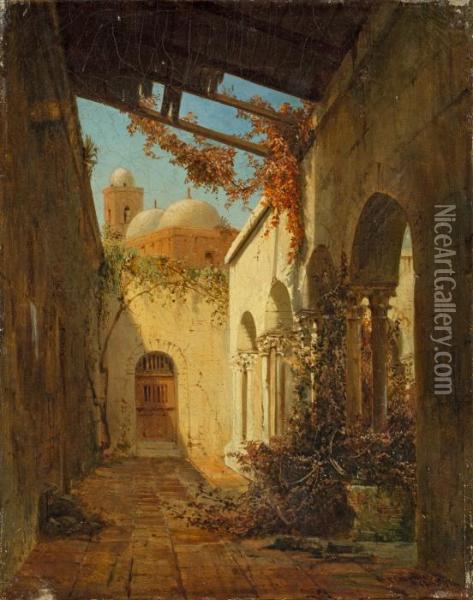 Blick Vom Kreuzgang Auf San Giovanni Degli Eremiti In Palermo Oil Painting - Eduard Friedrich Pape