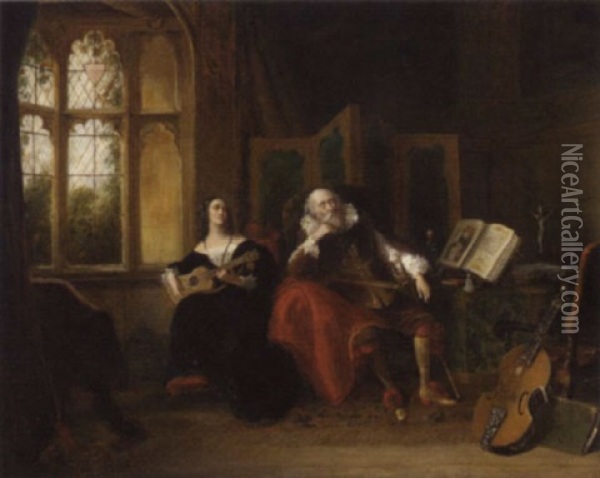 On Her Spanish Guitar, She Played A Ditty With Lulled Her Old Guardian To Sleep Oil Painting - John Cawse