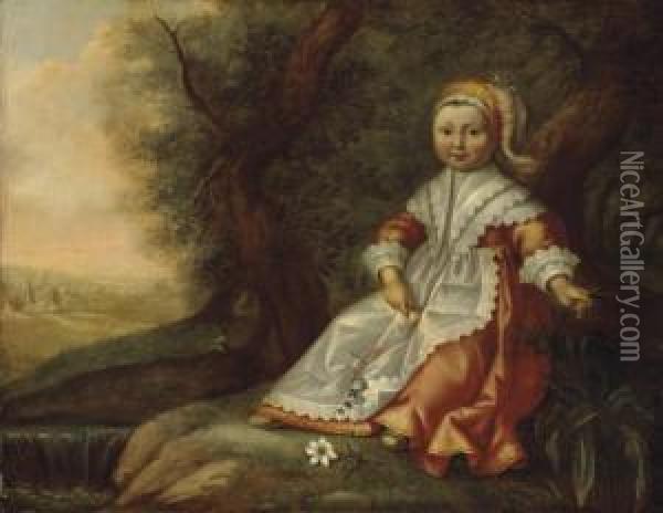 Portrait Of A Young Girl, Full-length, Seated By A River, With Flowers In Her Hands Oil Painting - Dirck Verhaert