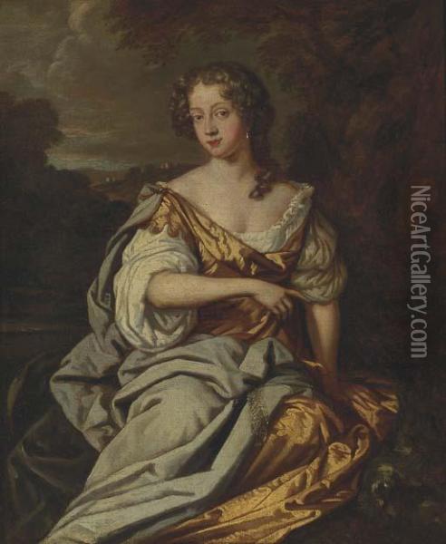 Portrait Of A Lady, Full Length,
 In A Golden Dress And Blue Silkshawl, Seated In A Landscape Oil Painting - Sir Peter Lely