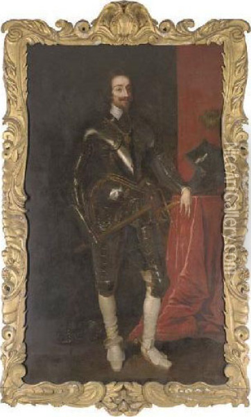 Portrait Of King Charles I 
(1600-1649), Full-length, In Armour, His Right Arm Holding A Baton, His 
Left Arm Resting On A Plinth, In An Interior Oil Painting - Sir Anthony Van Dyck