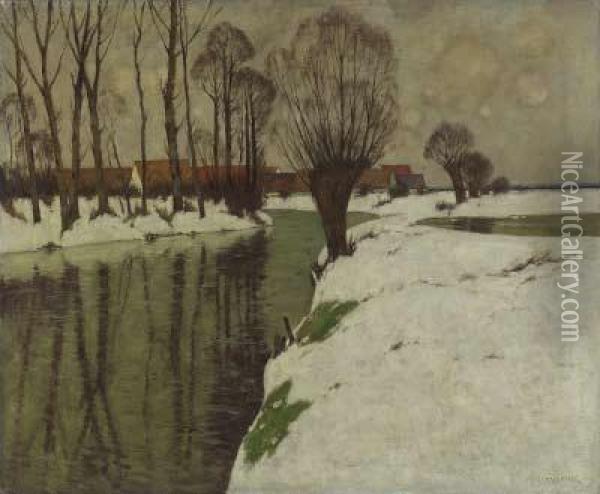 Winterliche Flusslandschaft Mit Dorfansicht Oil Painting - Carl Kustner