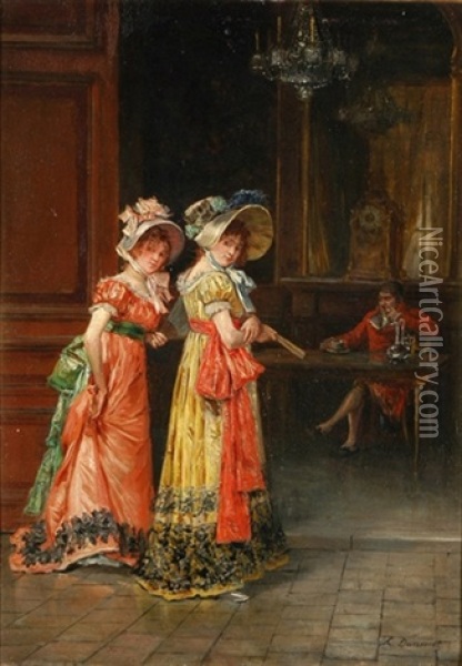 Zwei Junge Frauen, Facher In Handen Haltend Oil Painting - Leon Marie Constant Dansaert