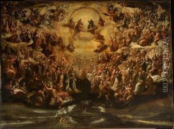 The Holy Trinity With Saints In Heaven, The Garden Of Eden Below Oil Painting - Scipione Compagno