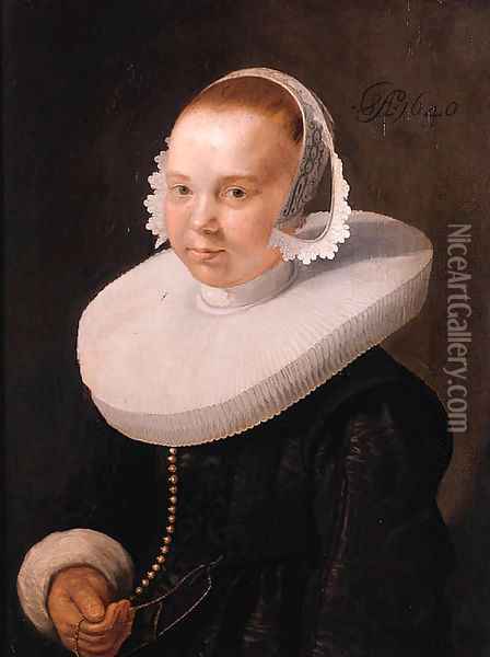 Portrait of a young woman, half length, wearing a black dress with molensteenkraag, lace cuffs and bonnet Oil Painting - Abraham Willaerts