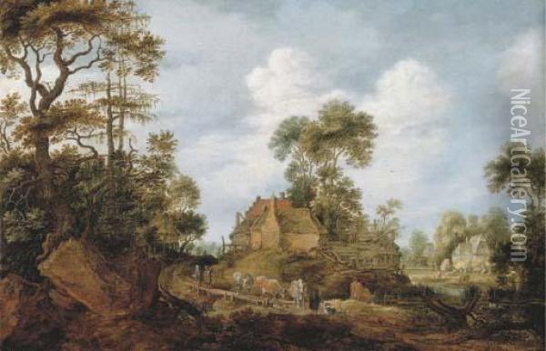 A Herdsman Driving Cattle To Water And Travellers On A Road, Avillage Beyond Oil Painting - Gillis Claesz De Hondecoeter
