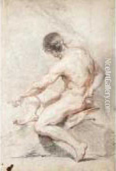 Seated Male Nude, Turned In Profile To The Left Oil Painting - Charles Joseph Natoire