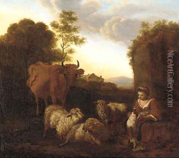 A Shepherdess with her livestock at dusk Oil Painting - Simon van der Does